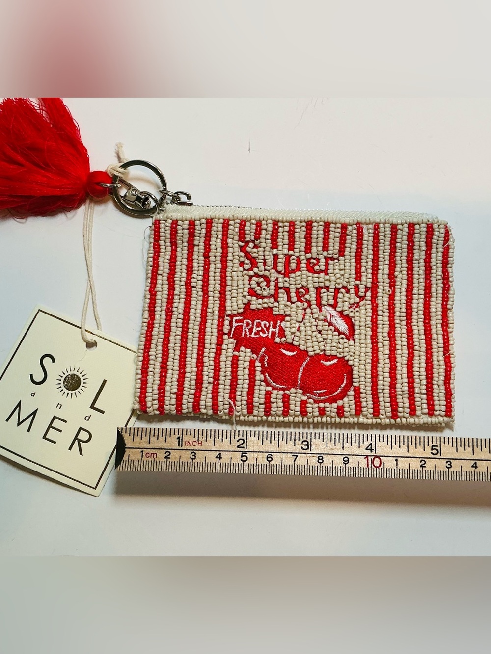 * SOL and MER Red & Cream Beaded Cherry Zippered Pouch